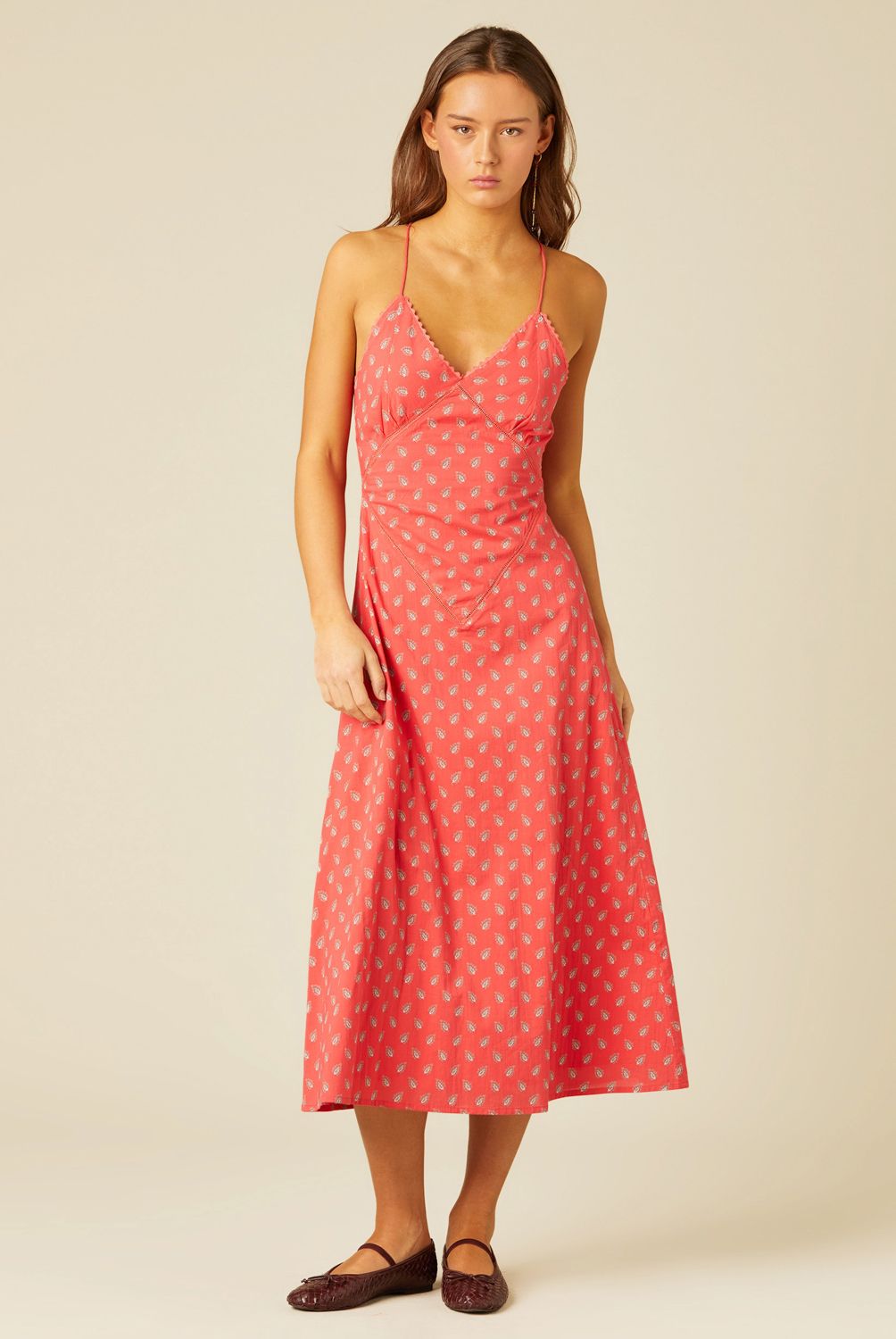 NICOLI - Vestido Tirantes Hojas Rojo Mujer Nicoli