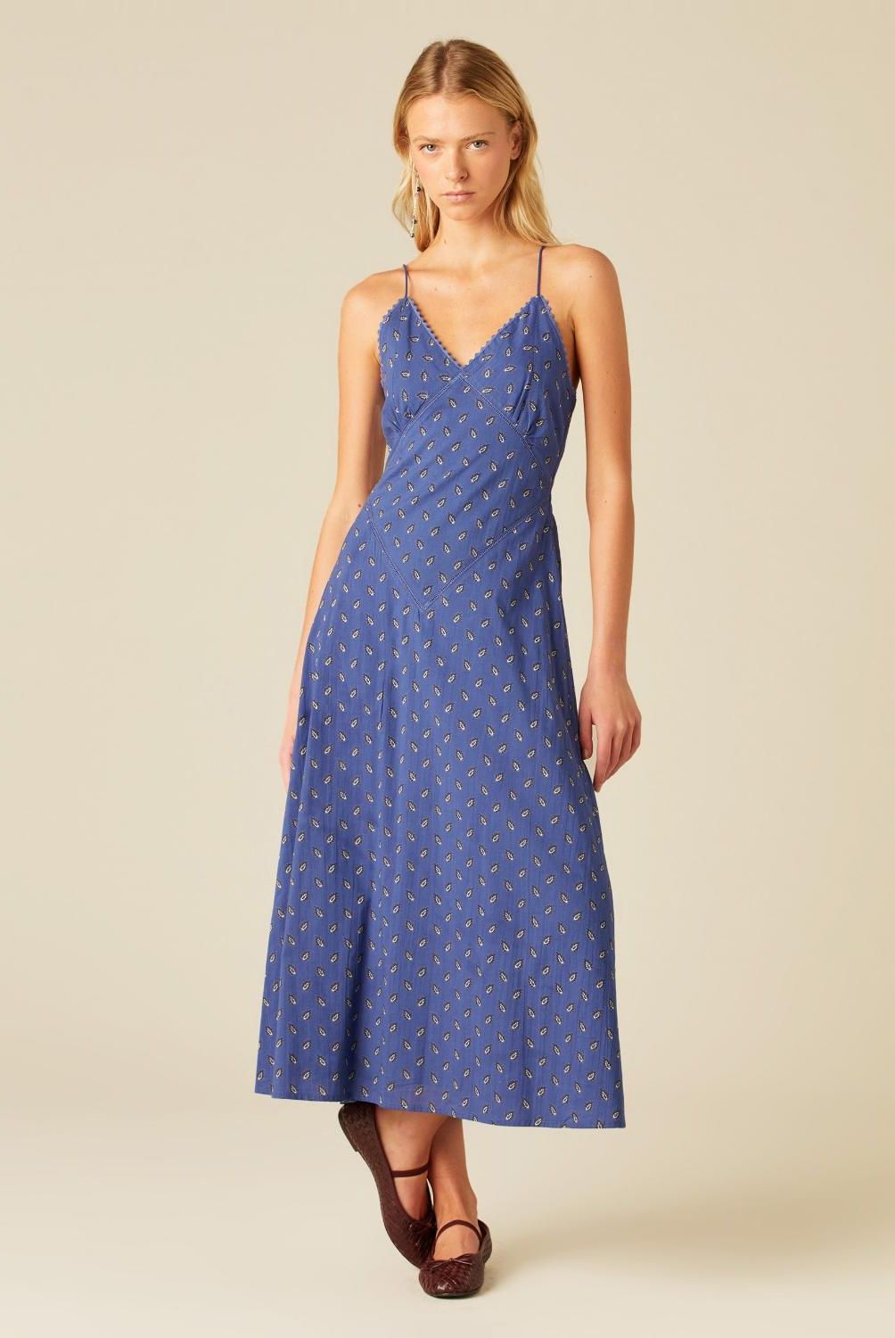 NICOLI - Vestido Tirantes Hojas Azul Mujer Nicoli