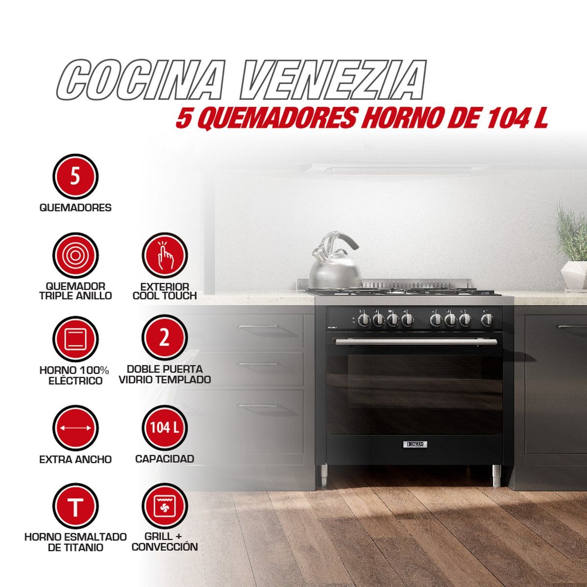 THOMAS - Cocina a gas 5 Quemadores Horno de 104 Lt Venezia Thomas