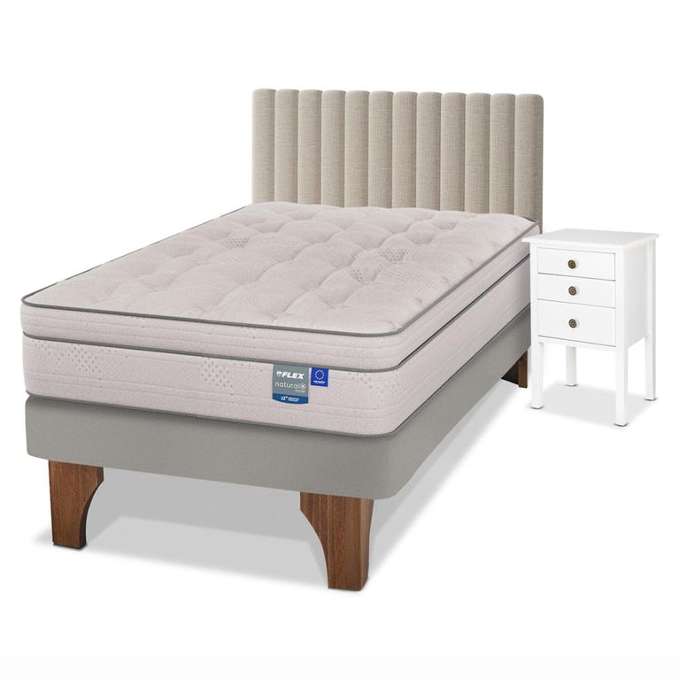 Cama Europea Natural Pocket 1.5 Plazas + Mueble + Respaldo