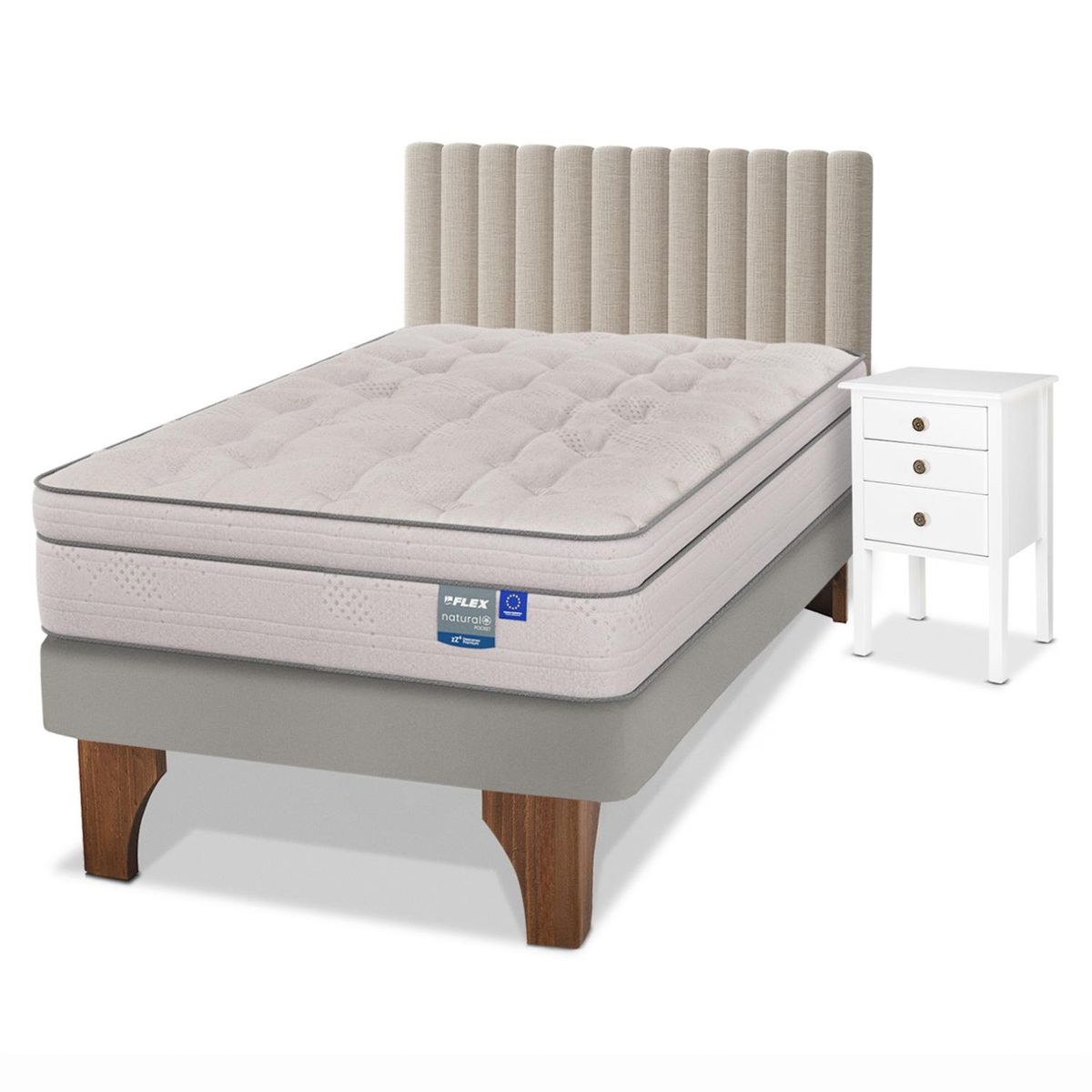 FLEX - Cama Europea Natural Pocket 1.5 Plazas + Mueble + Respaldo Flex