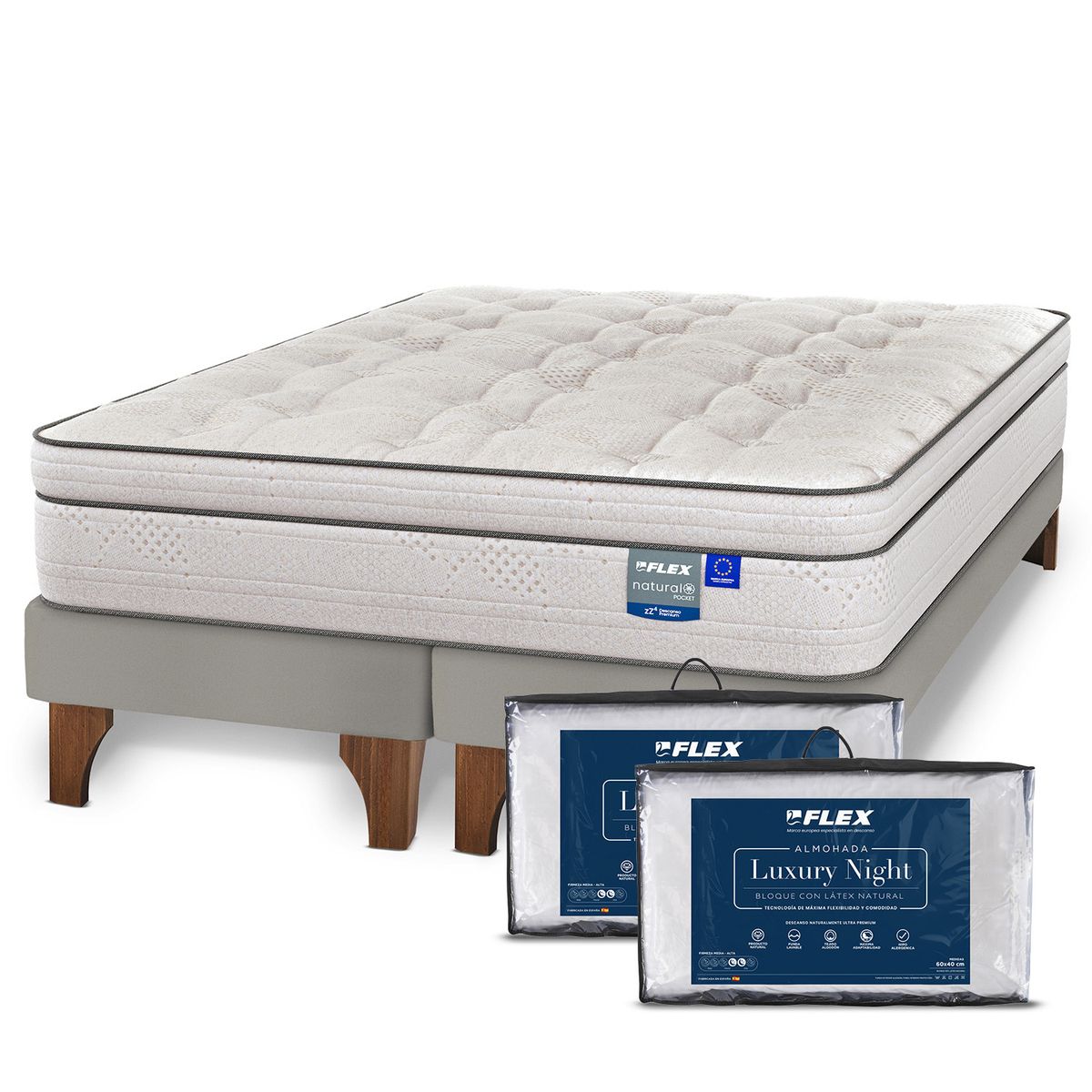 FLEX - Cama Europea Natural Pocket 2 Plazas + Almohadas Flex