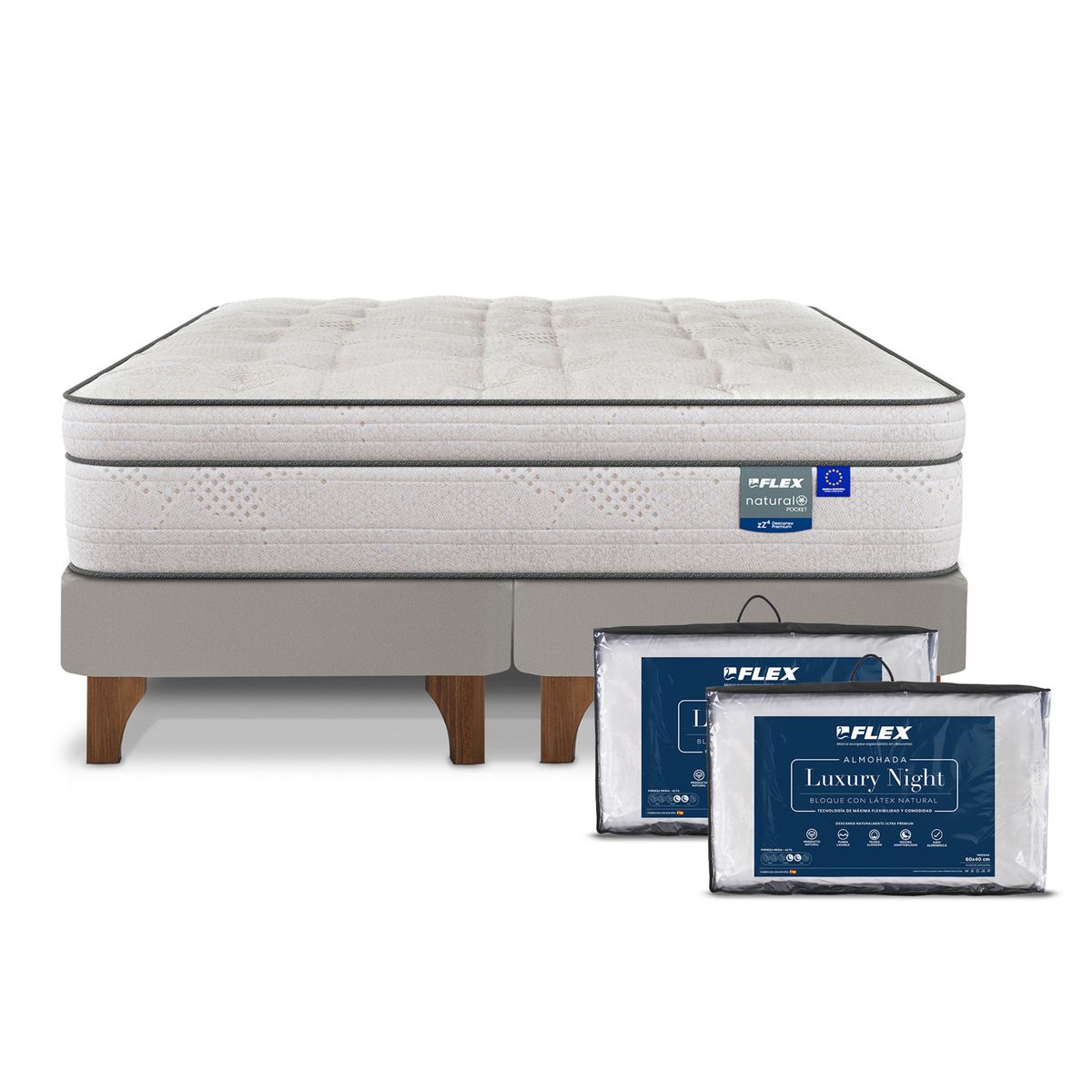 FLEX - Cama Europea Natural Pocket 2 Plazas + Almohadas Flex