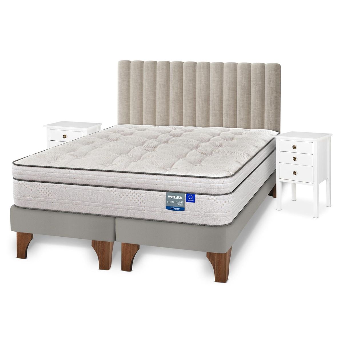 FLEX - Cama Europea Natural Pocket 2 Plazas x 2.00mt Base Dividida + Respaldo + 2 Veladores Flex