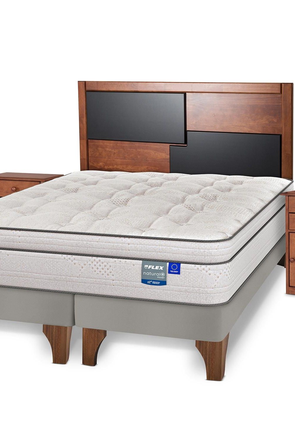 FLEX - Cama Europea Natural Pocket 2 Plazas + Mueble + Respaldo Flex
