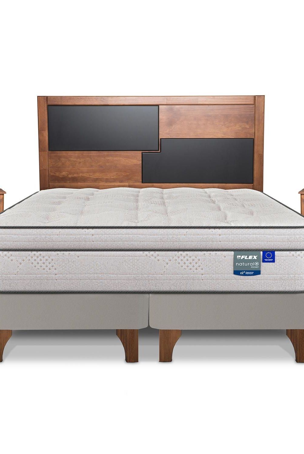FLEX - Cama Europea Natural Pocket 2 Plazas + Mueble + Respaldo Flex