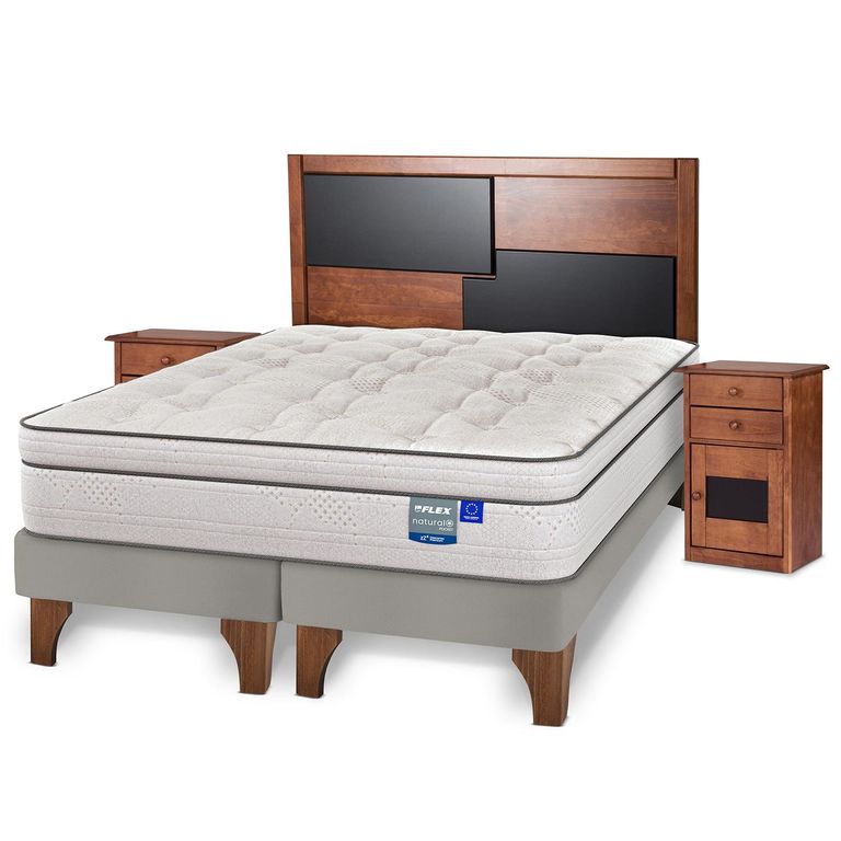 Cama Europea Natural Pocket King x 2.00mt Base Dividida + Respaldo + 2 Veladores