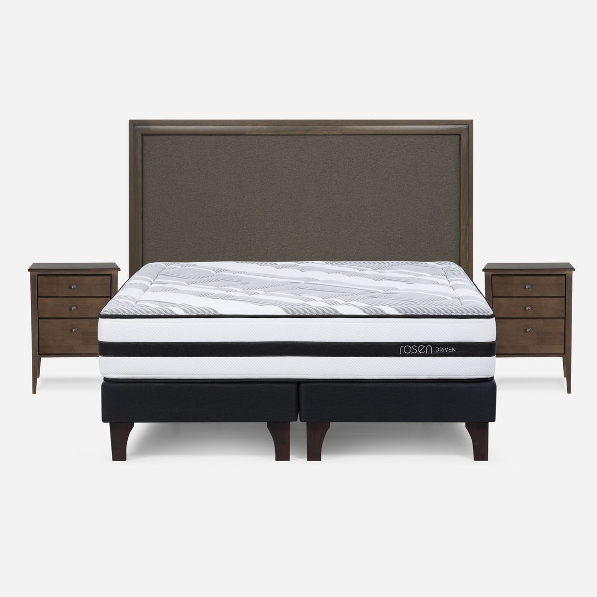 ROSEN - Cama Europea Driven 2 Plazas x 2.00mt Base Dividida + Respaldo + 2 Veladores Rosen