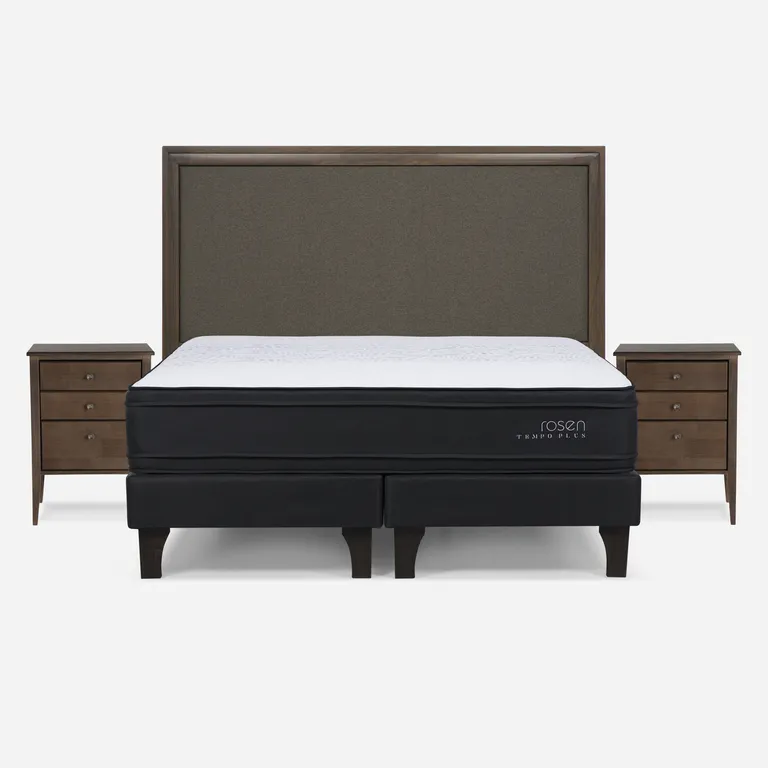 Cama Europea Tempo Plus 2 Plazas x 2.00mt Base Dividida + Respaldo + 2 Veladores