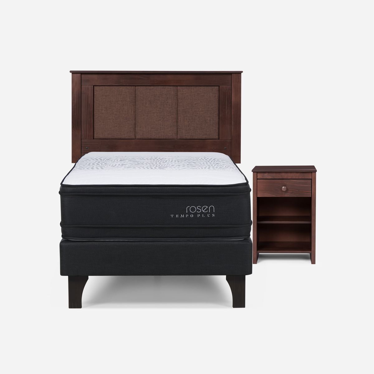 ROSEN - Cama Europea Tempo Plus 1.5 Plazas x 2.00mt  + Respaldo + 1 Velador Rosen