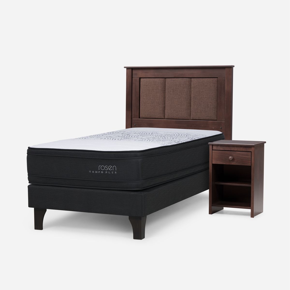 ROSEN - Cama Europea Tempo Plus 1.5 Plazas x 2.00mt  + Respaldo + 1 Velador Rosen