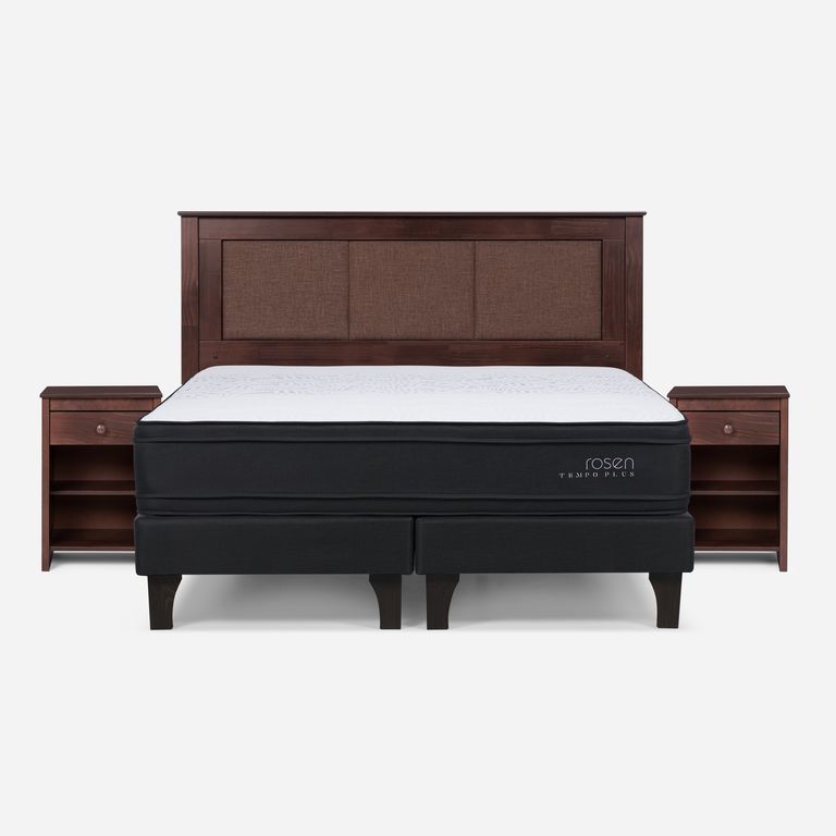 Cama Europea Tempo Plus 2 Plazas x 2.00mt Base Dividida + Respaldo + 2 Veladores