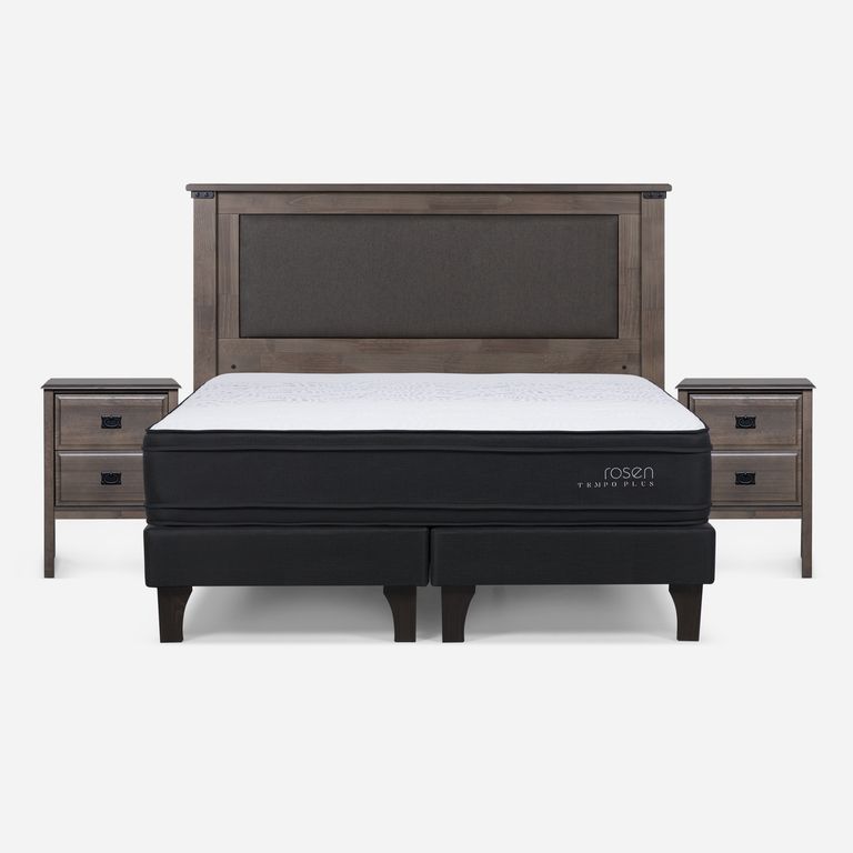 Cama Europea Tempo Plus 2 Plazas x 2.00mt Base Dividida + Respaldo + 2 Veladores