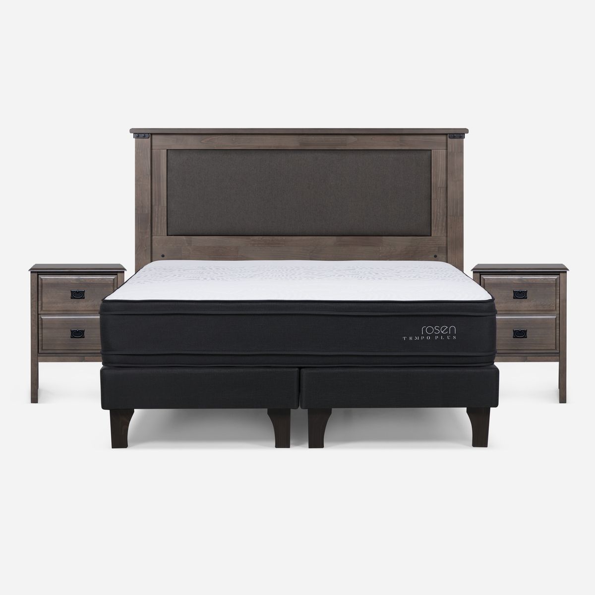 ROSEN - Cama Europea Tempo Plus 2 Plazas x 2.00mt Base Dividida + Respaldo + 2 Veladores Rosen