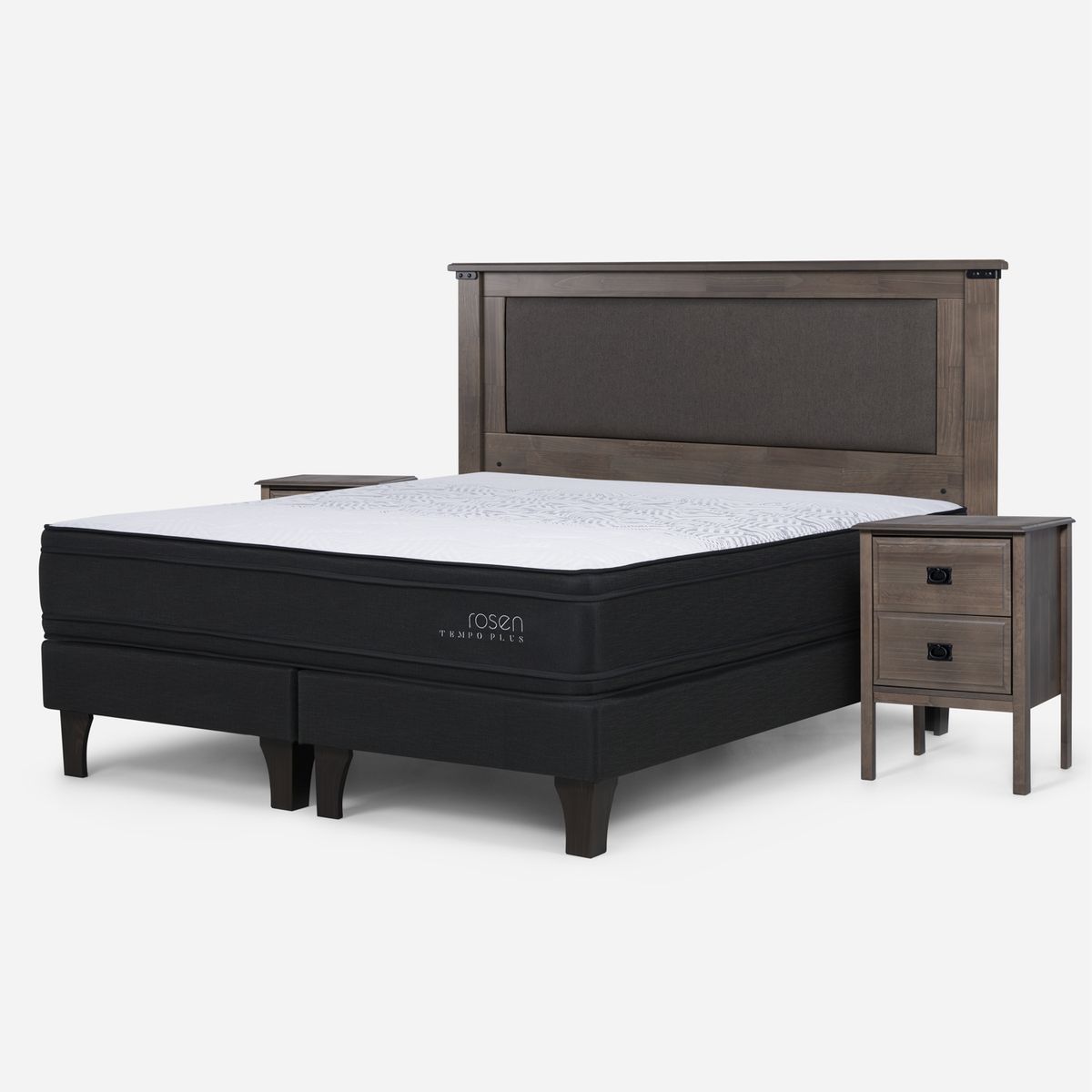 ROSEN - Cama Europea Tempo Plus 2 Plazas x 2.00mt Base Dividida + Respaldo + 2 Veladores Rosen