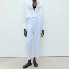 MANGO - Pantalón Recto Crop Lino Mujer