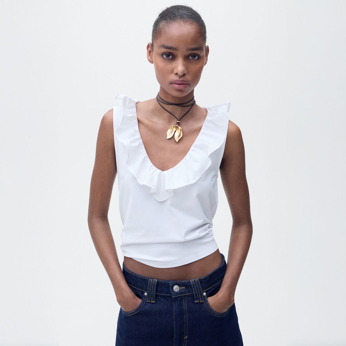 MANGO - Top Algodón Volante Mujer Mango