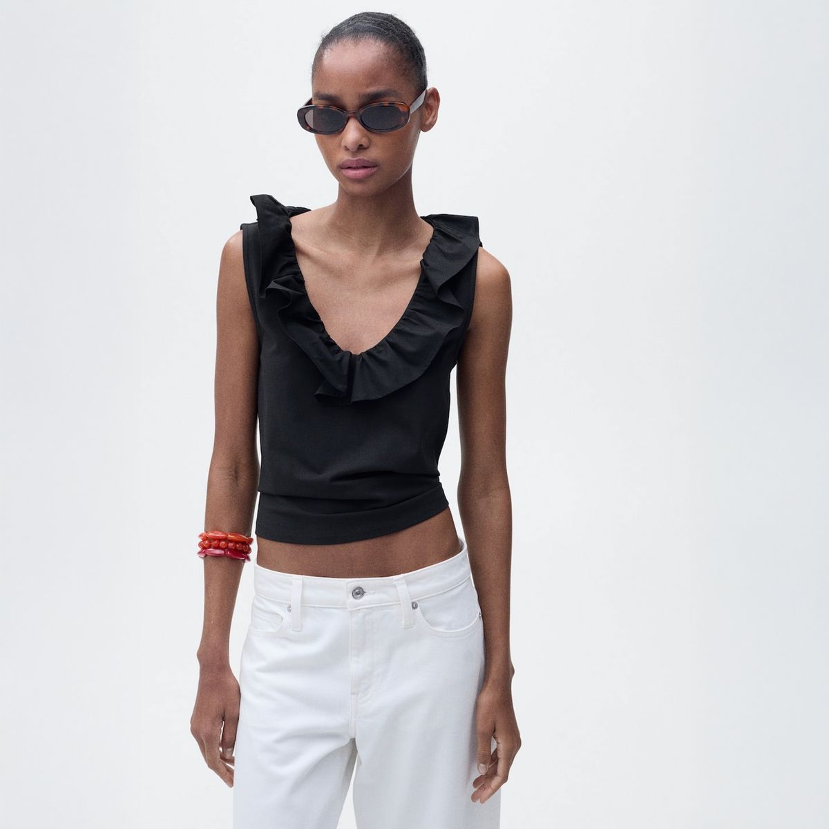 MANGO - Top Algodón Volante Mujer Mango