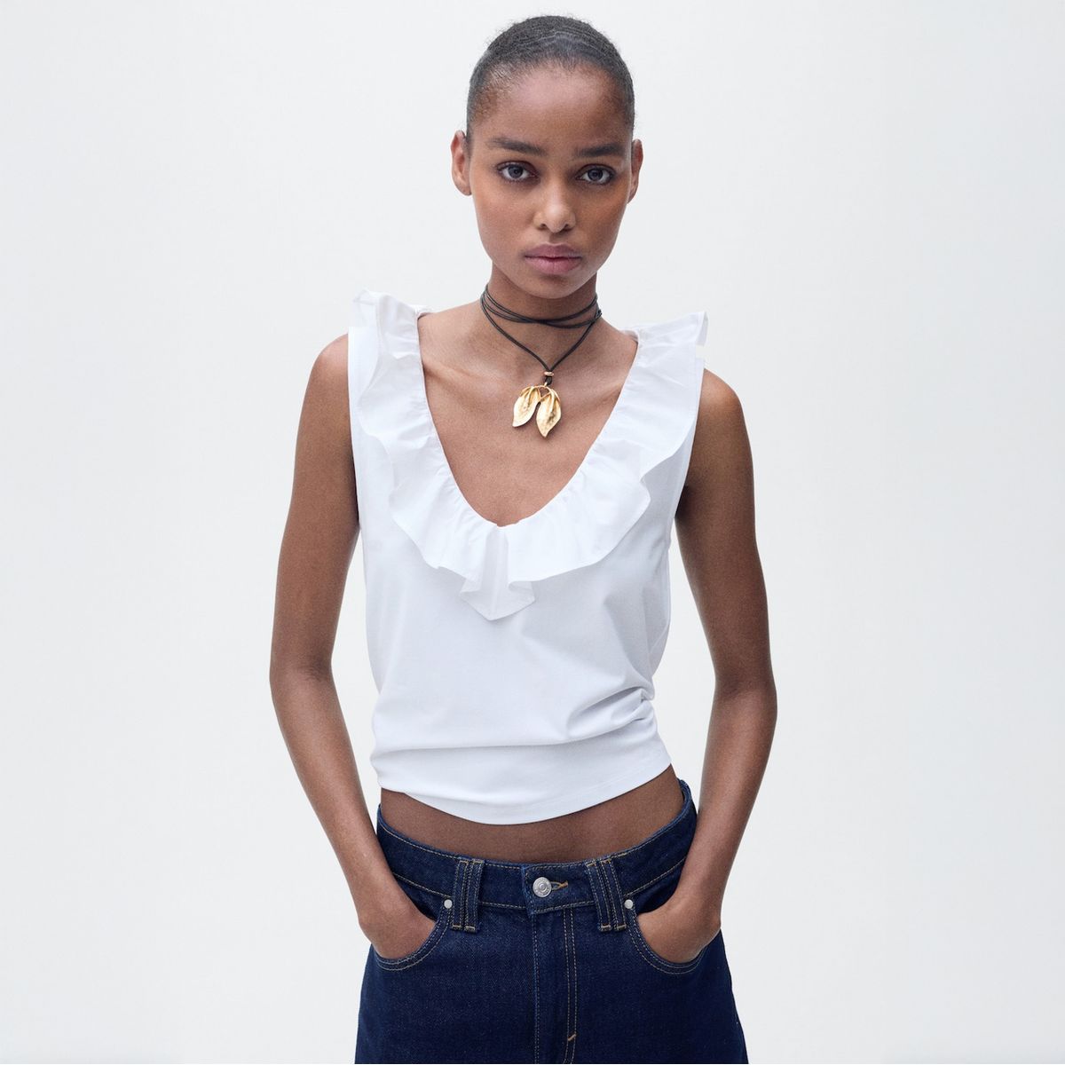 MANGO - Top Algodón Volante Mujer Mango