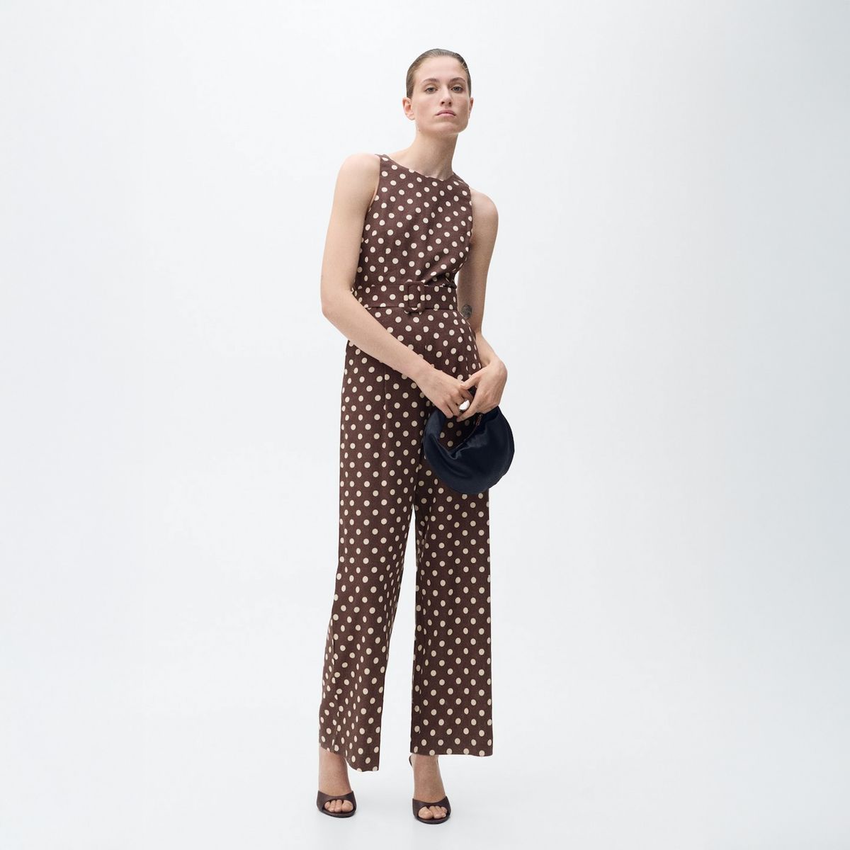 MANGO - Enterito Lino Topos Cinturón Mujer Mango