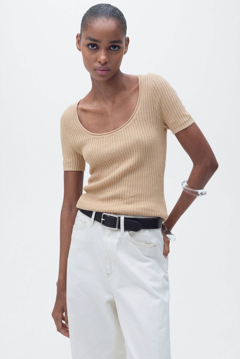 MANGO - Polera Punto Mezcla Lino Mujer Mango