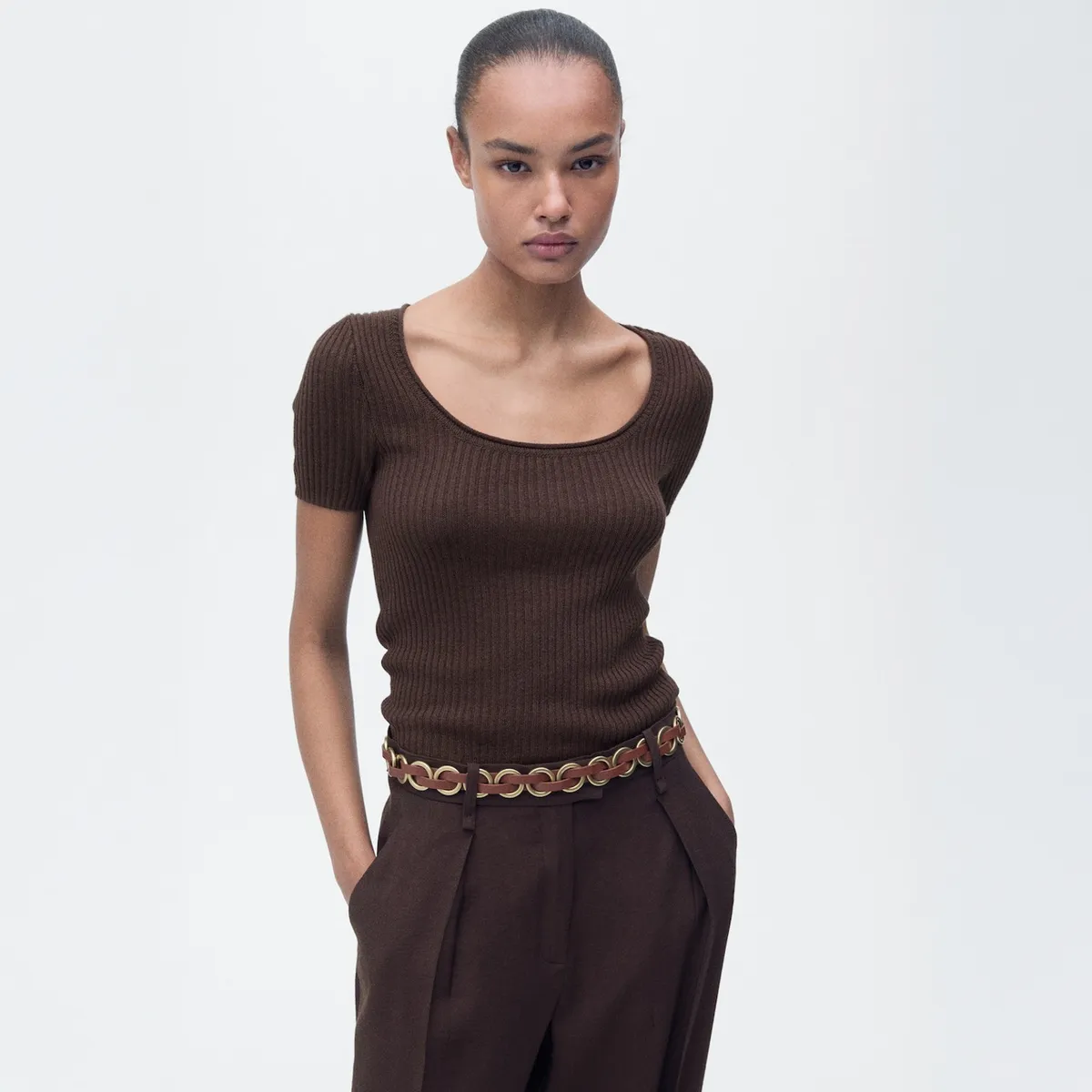 MANGO - Polera Punto Mezcla Lino Mujer Mango