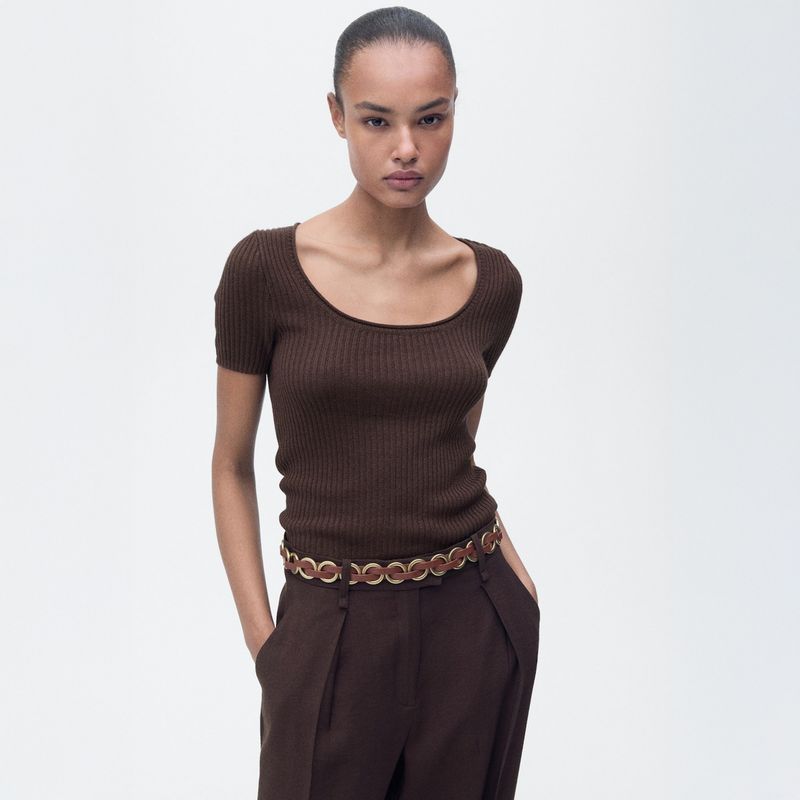 MANGO - Polera Punto Mezcla Lino Mujer Mango