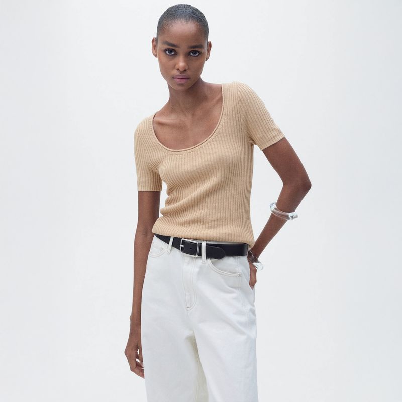 MANGO - Polera Punto Mezcla Lino Mujer Mango