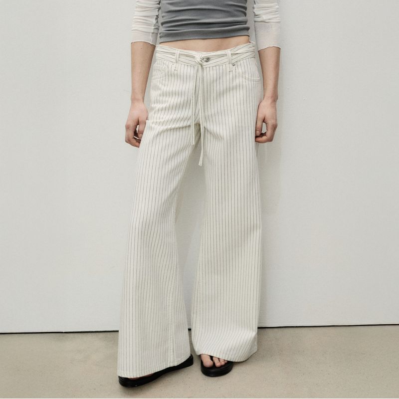 MANGO - Jeans Wideleg Rayas Tiro Bajo Cinturón Mujer Mango