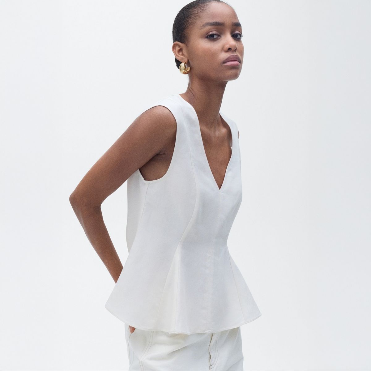 MANGO - Top Entallado Mezcla Lino Mujer Mango