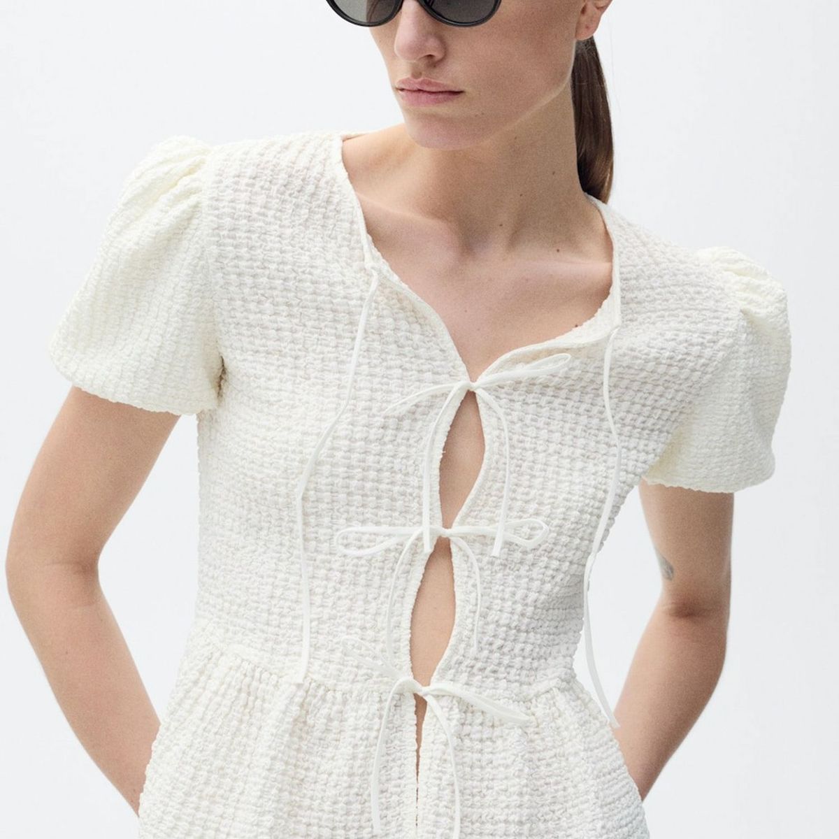 MANGO - Blusa Textura Cierre Lazos Mujer Mango