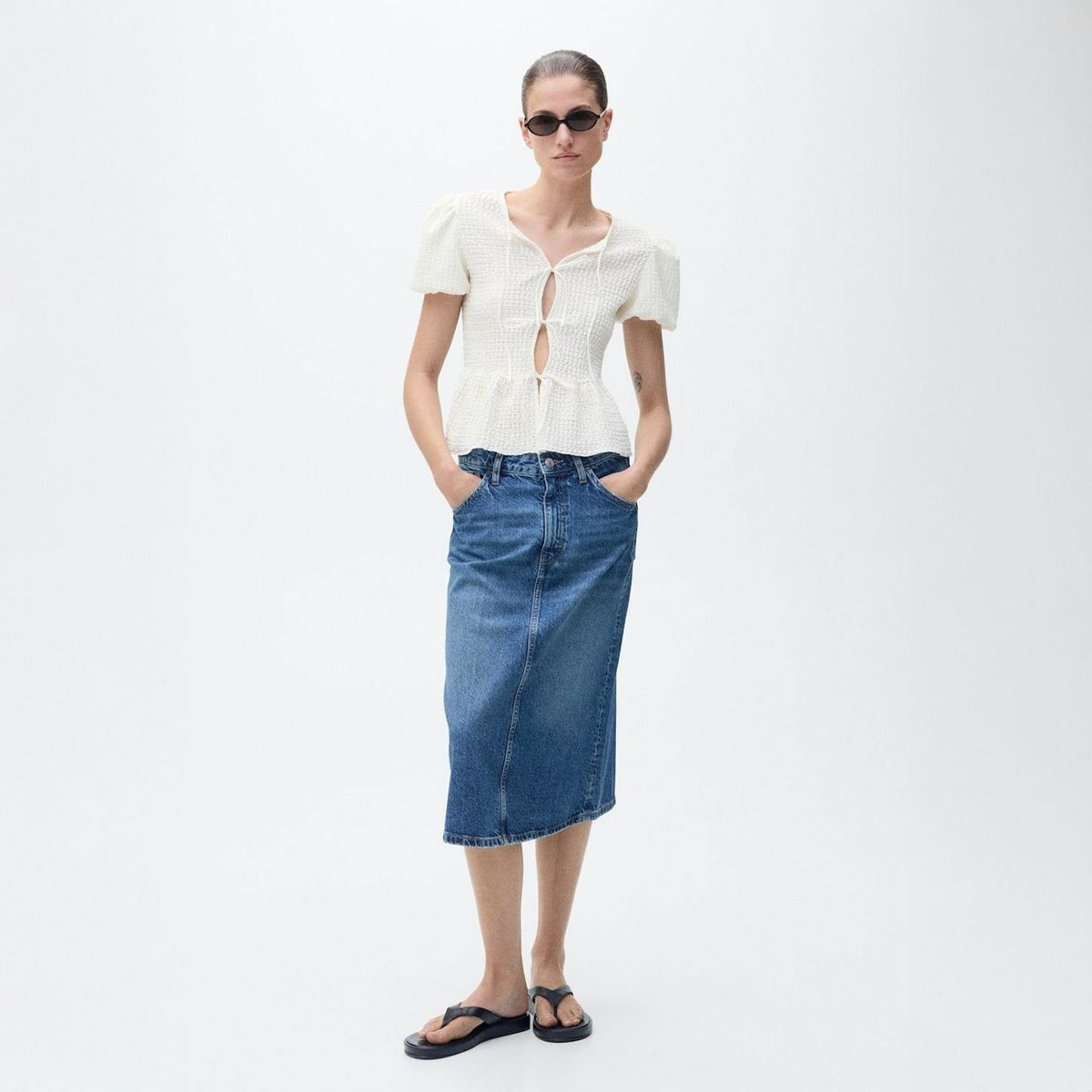 MANGO - Blusa Textura Cierre Lazos Mujer Mango