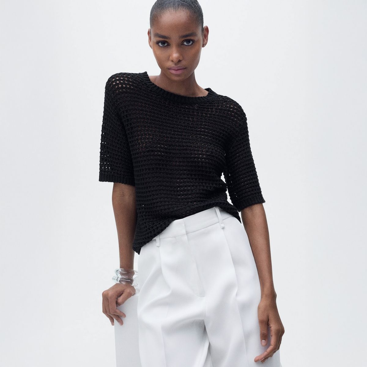 MANGO - Sweater Punto Calado Manga Corta Mujer Mango