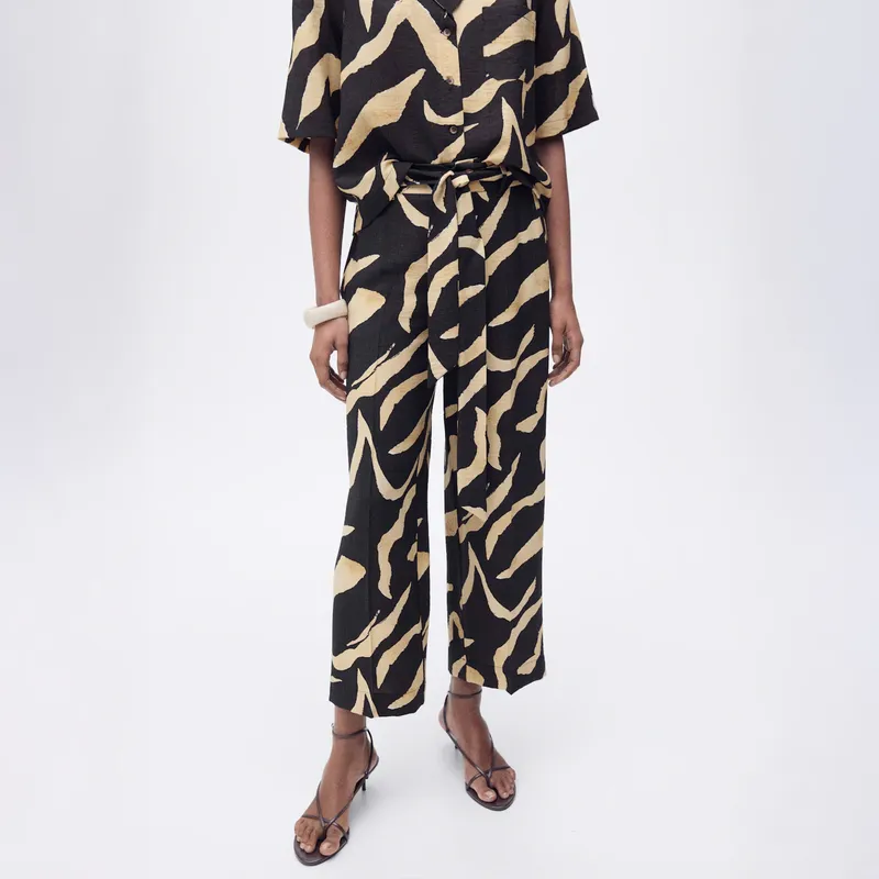MANGO - Pantalón Recto Estampado Cinturón Mujer Mango