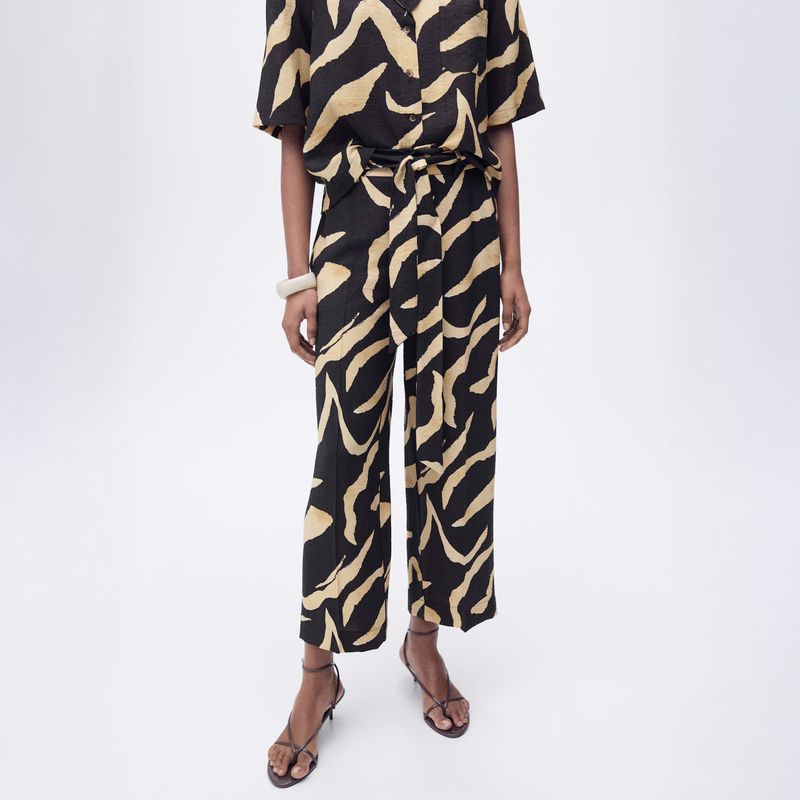 MANGO - Pantalón Recto Estampado Cinturón Mujer Mango
