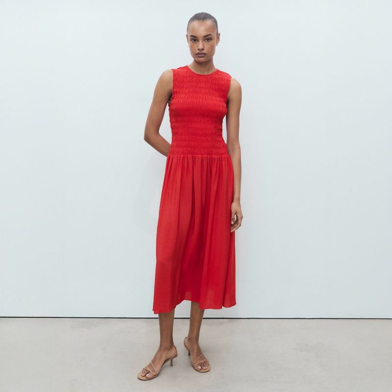 MANGO - Vestido Evasé Cuerpo Fruncido Mujer Mango