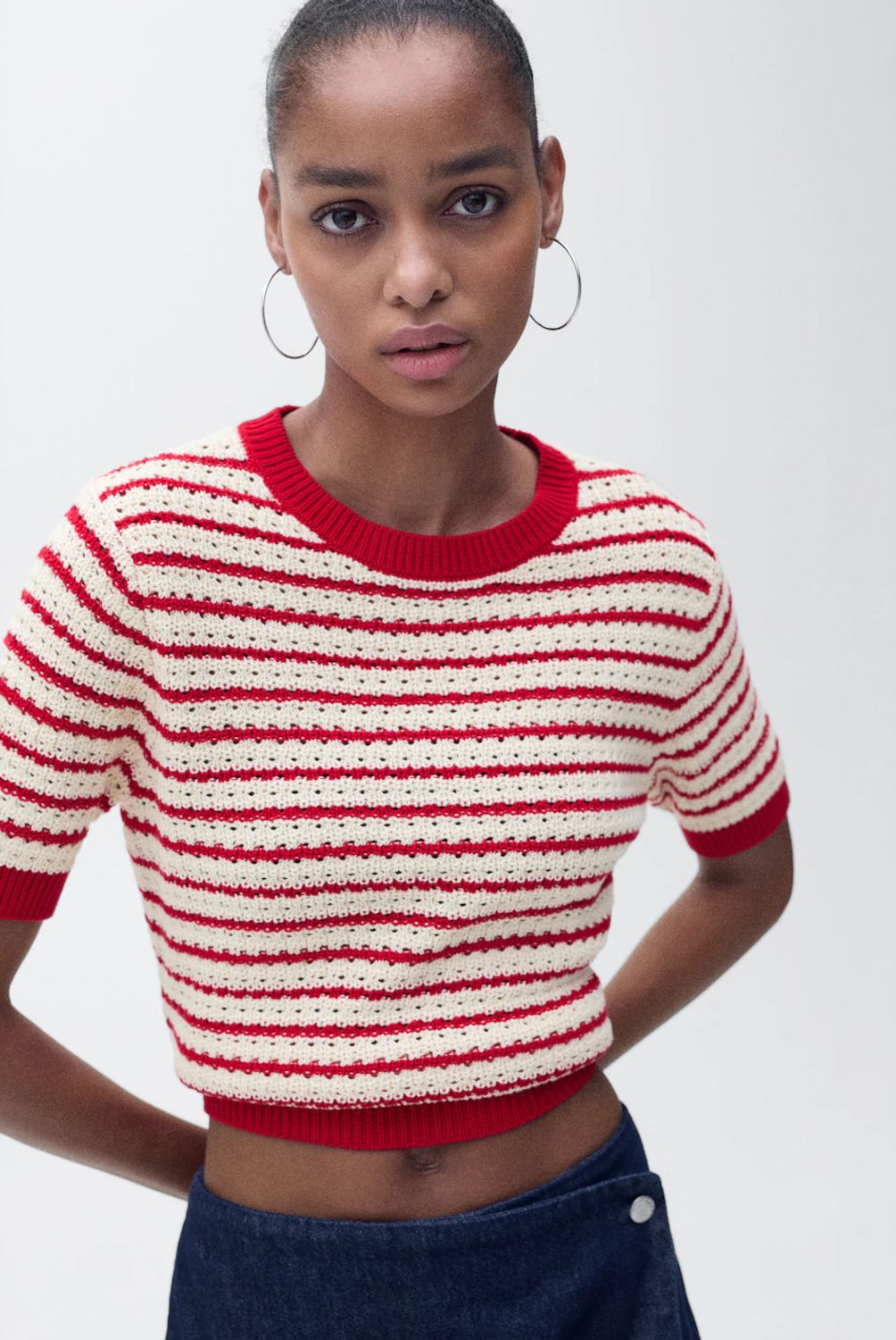 MANGO - Sweater Crochet Manga Corta Rayas Mujer Mango