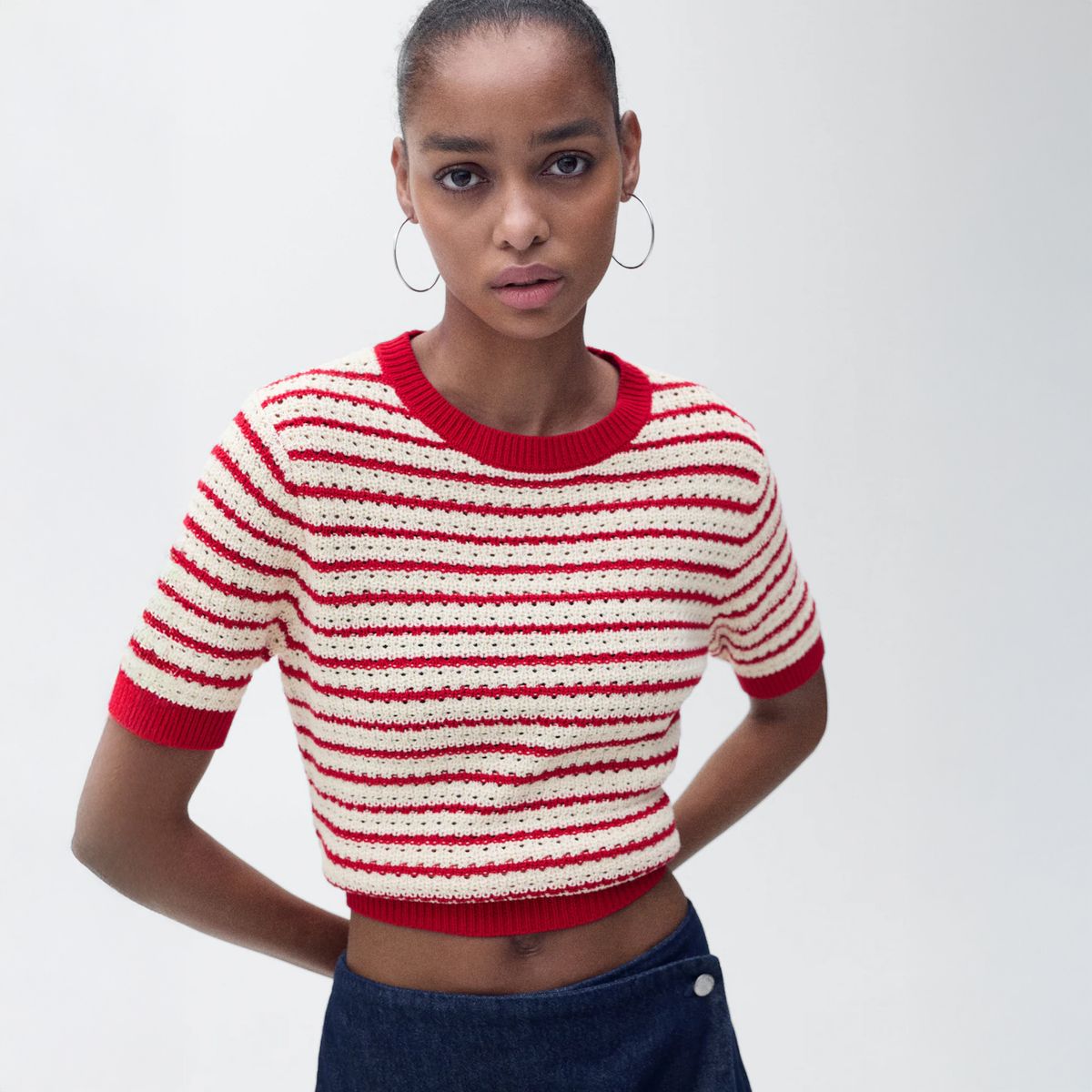 MANGO - Sweater Crochet Manga Corta Rayas Mujer Mango