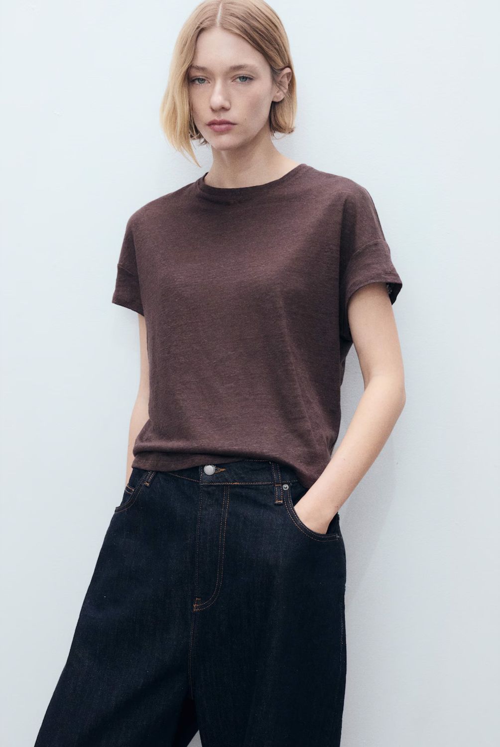 MANGO - Polera Lino Manga Corta Mujer Mango