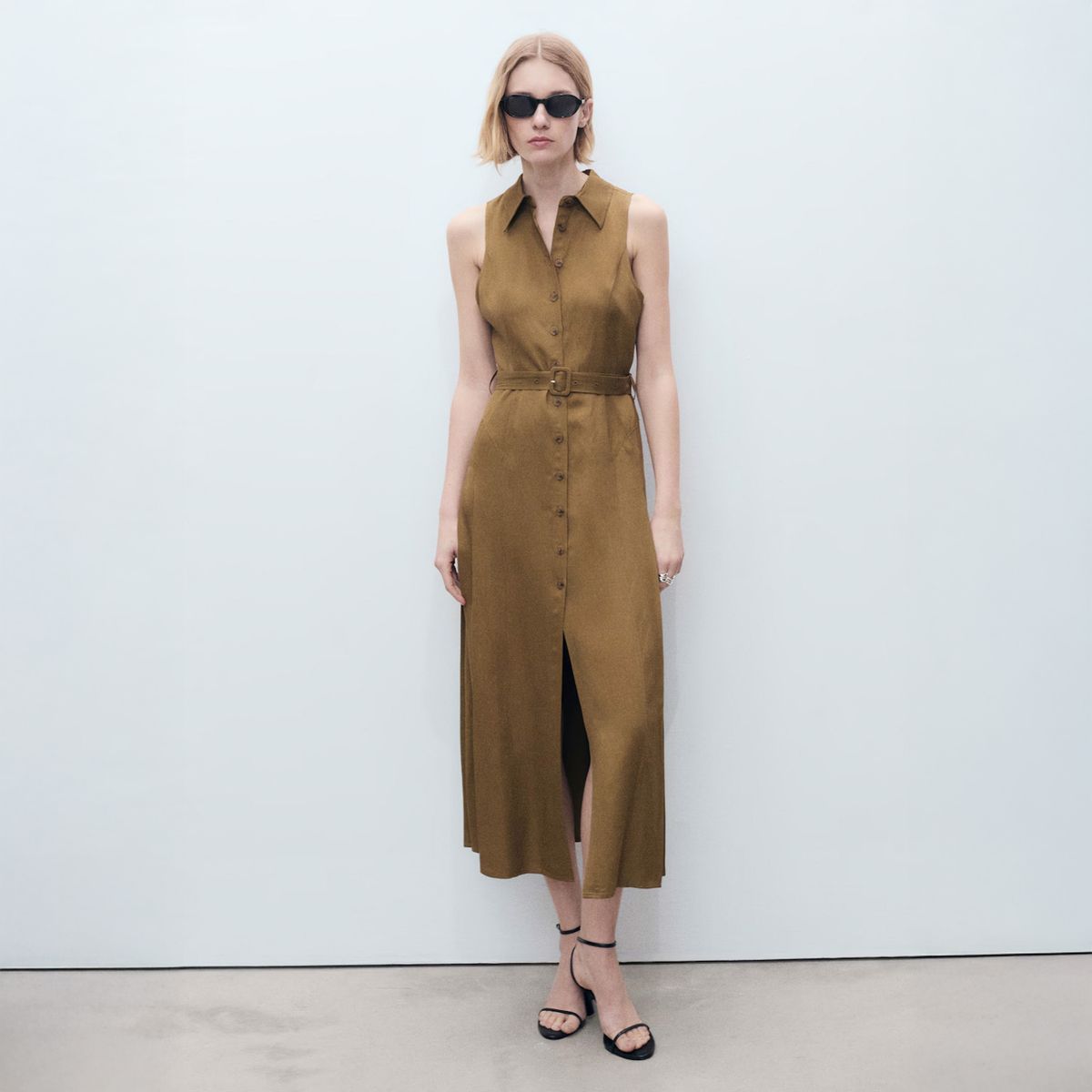 MANGO - Vestido Lino Camisero Cinturón Mujer Mango