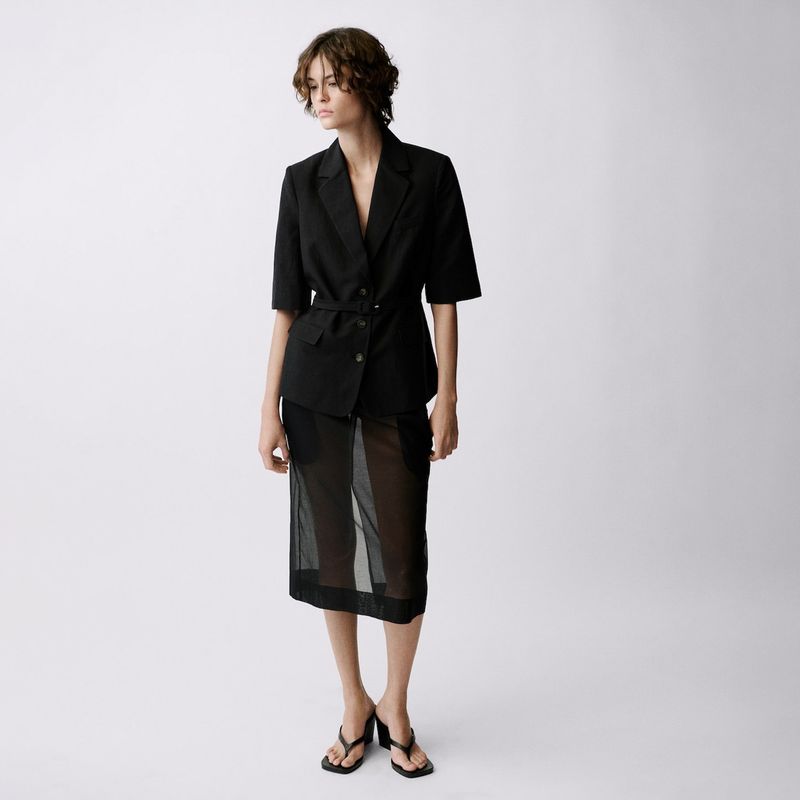 MANGO - Blazer Traje Mezcla Lino Cinturón Mujer Mango
