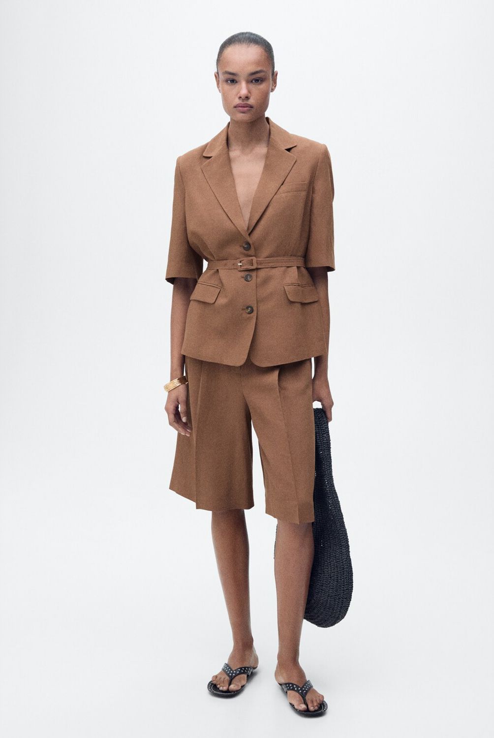 MANGO - Blazer Traje Mezcla Lino Cinturón Mujer Mango