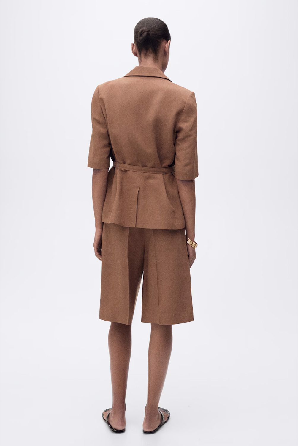 MANGO - Blazer Traje Mezcla Lino Cinturón Mujer Mango