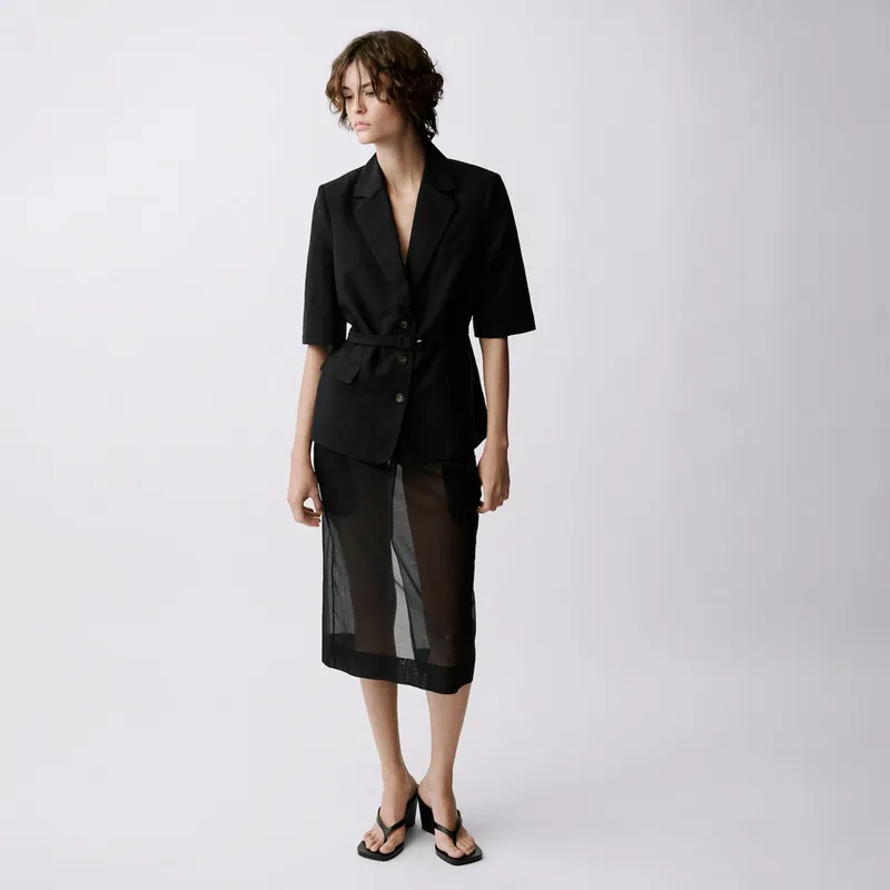 MANGO - Blazer Traje Mezcla Lino Cinturón Mujer Mango