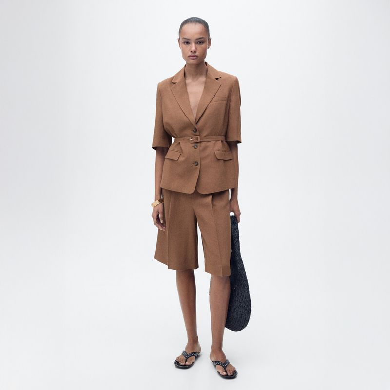 MANGO - Blazer Traje Mezcla Lino Cinturón Mujer Mango