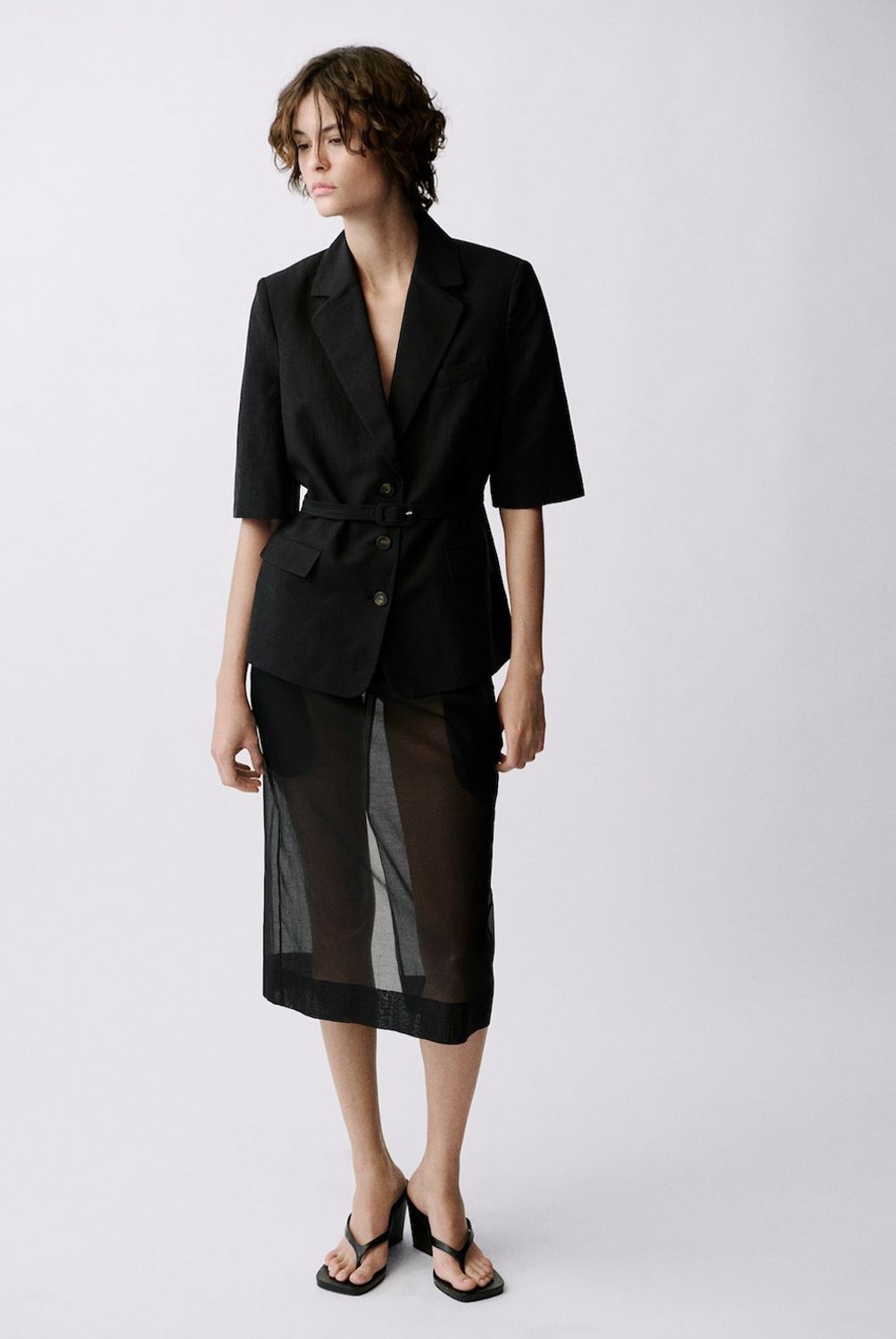 MANGO - Blazer Traje Mezcla Lino Cinturón Mujer Mango