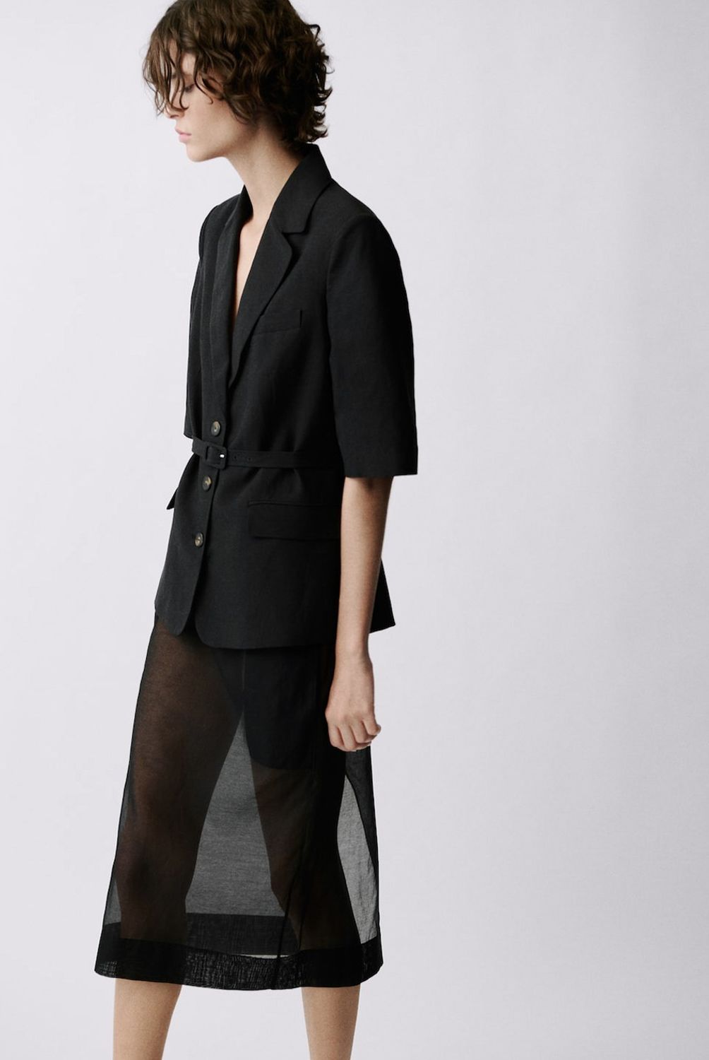 MANGO - Blazer Traje Mezcla Lino Cinturón Mujer Mango