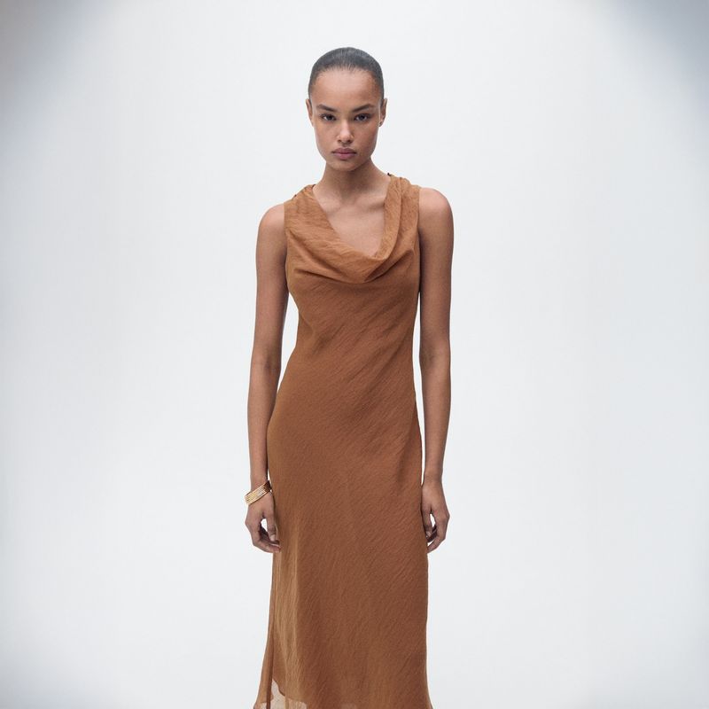 MANGO - Vestido Lyocell Cuello Drapeado Mujer Mango