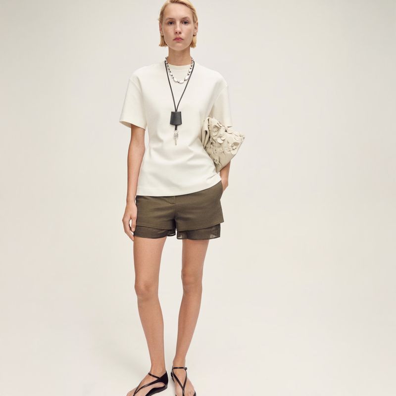 MANGO - Shorts Mezcla Lino Combinado Mujer Mango