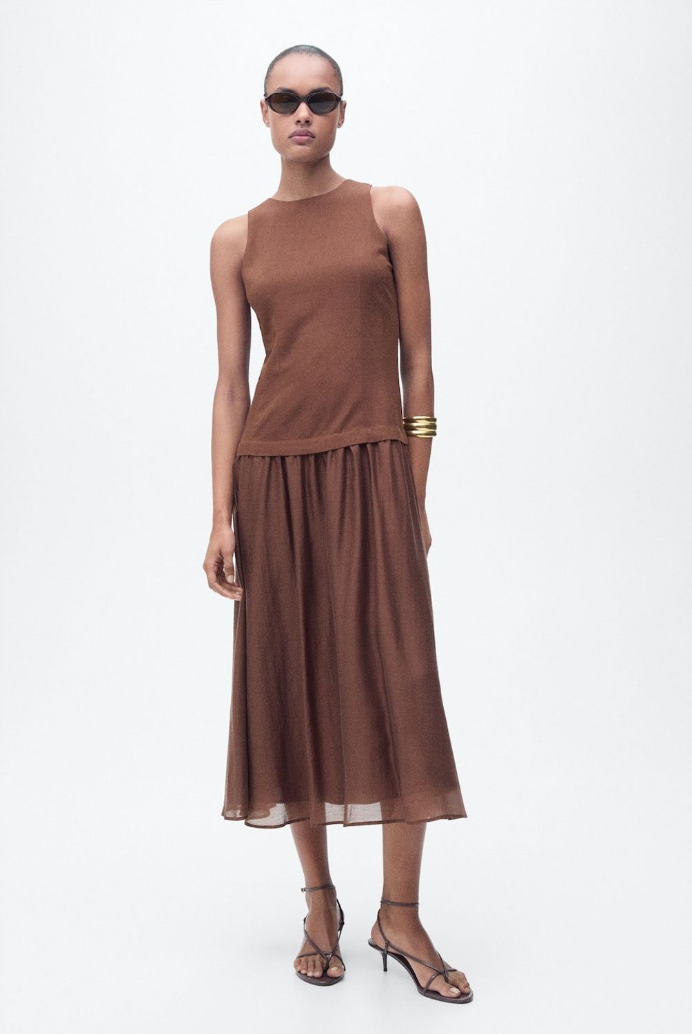 MANGO - Vestido Midi Tejido Combinado Mujer Mango